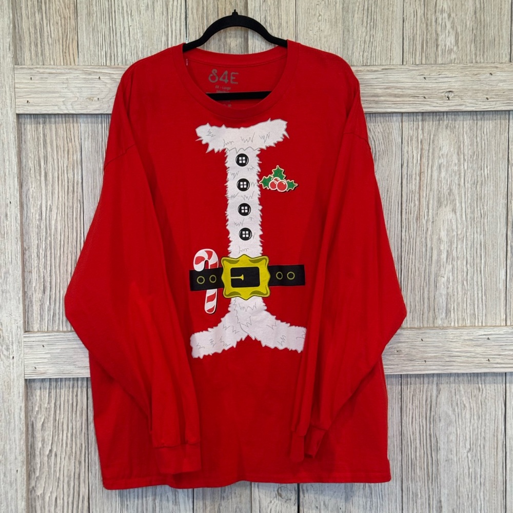 S4E Santa-Themed Long Sleeve Cotton Blend Tee 3XL w/belt, candy cane, & holly.